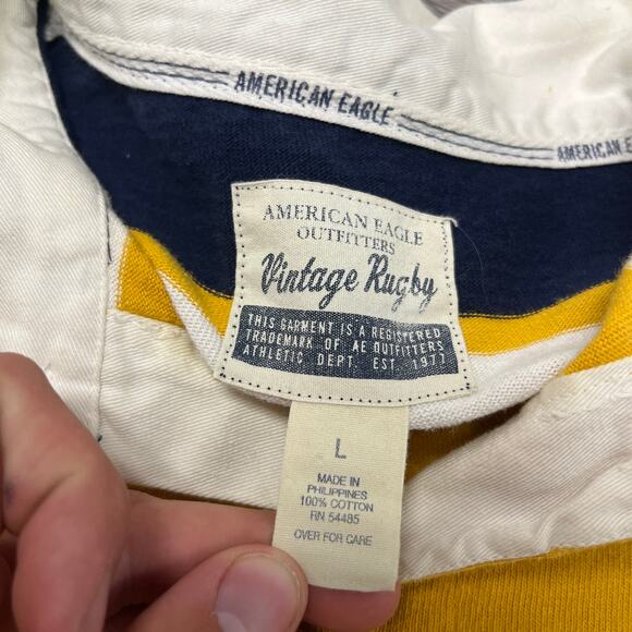 Vintage 90s Y2K American Eagle #7 Yellow Mens Large Long Sleeve Rugby Polo Shirt - Picture 5 of 11